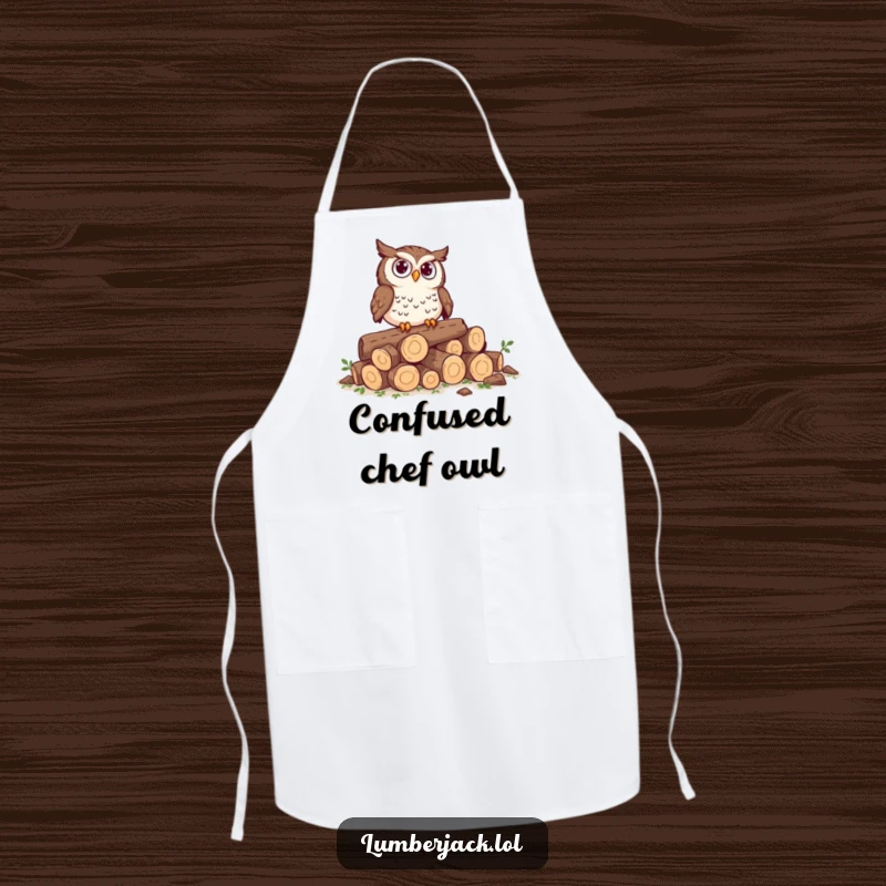Funny apron showing a curious owl perched on tiny logs, looking perplexed, a humorous and practical kitchen accessory for chefs.