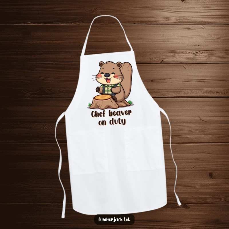 Funny apron depicting a cheerful beaver in a plaid shirt and suspenders, humorously working on a tree stump. Kitchen-ready humor.