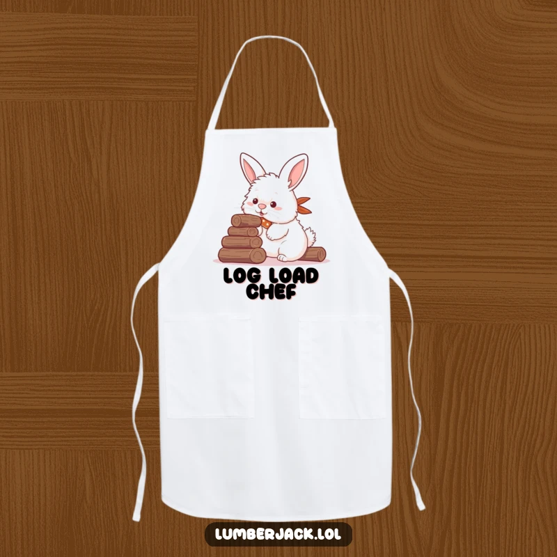 Funny apron showing a fluffy rabbit with a bandana attempting to stack logs with its nose, a humorous and practical kitchen accessory.