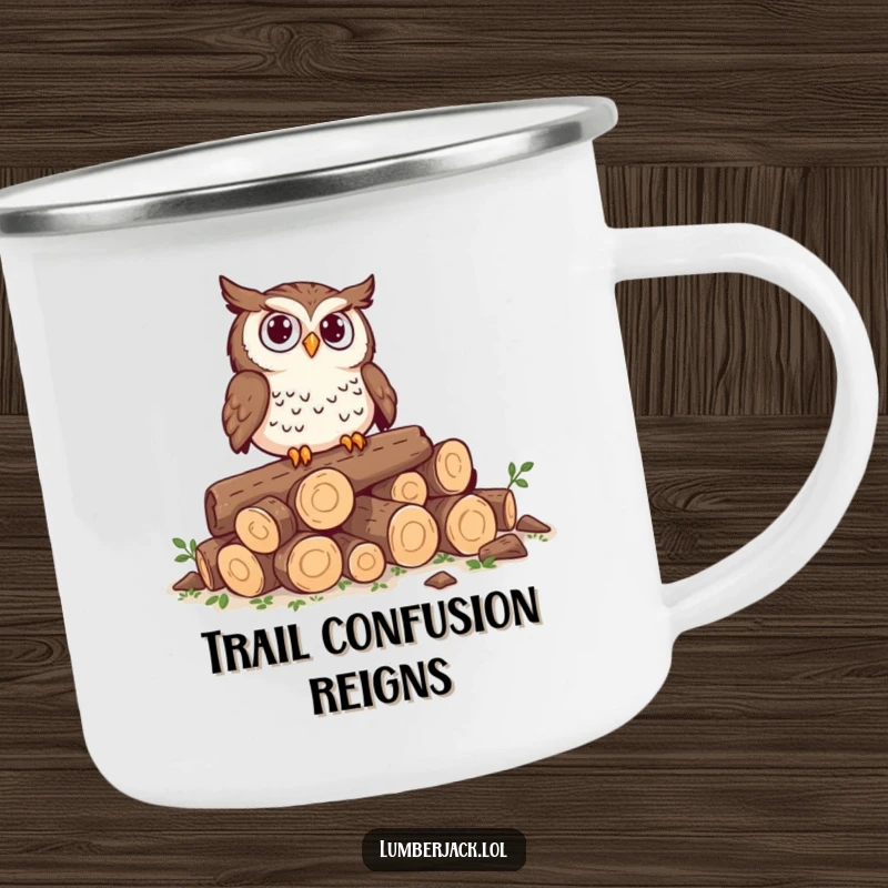 Funny camping mug with a curious owl perched on tiny logs, looking perplexed, durable and humorous for outdoor adventurers.