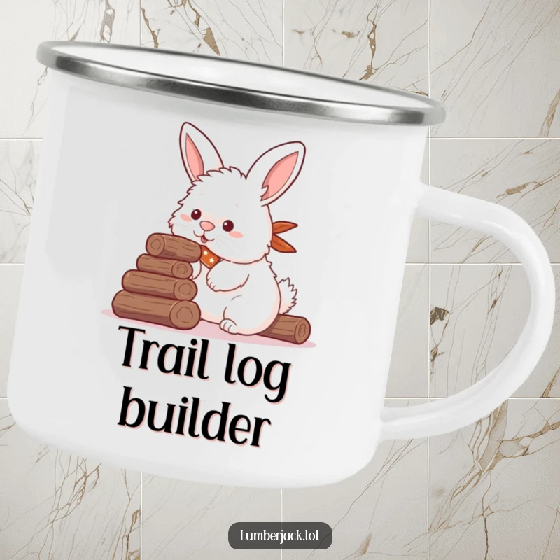Funny camping mug with a fluffy rabbit in a bandana attempting to stack logs with its nose, durable and humorous for outdoor enthusiasts.