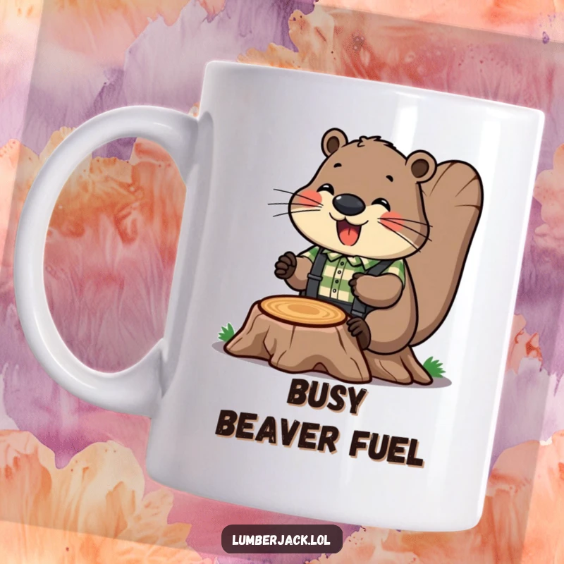 Funny mug featuring a cheerful beaver in a plaid shirt and suspenders, humorously gnawing on a tiny tree stump. A hardworking buddy.