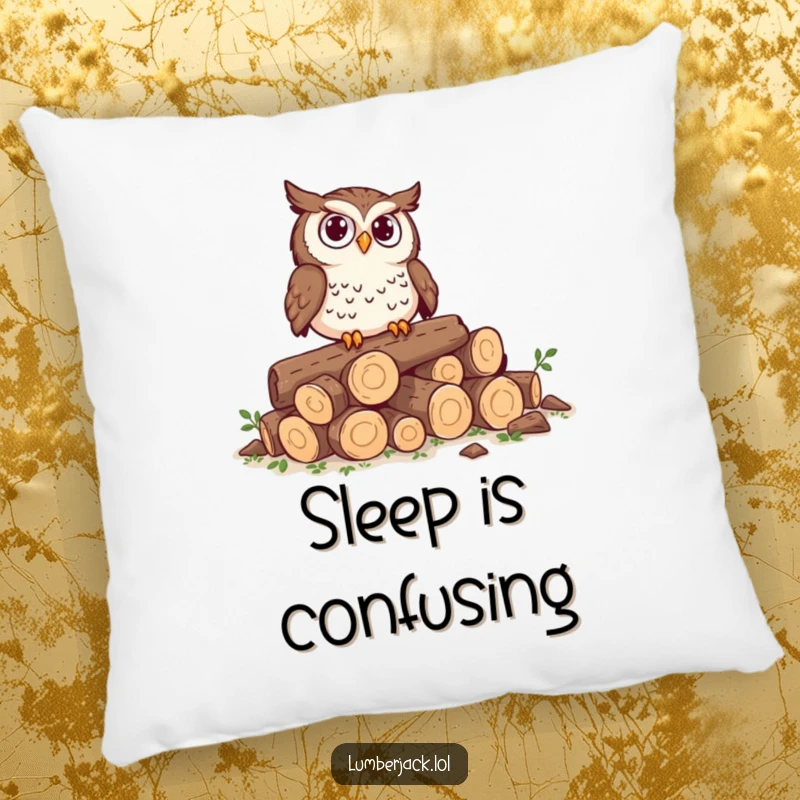 Funny pillow with a curious owl perched on tiny logs, looking perplexed, a soft and contemplative decorative accent.