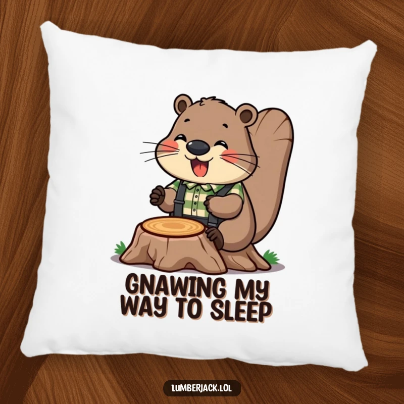 Funny pillow featuring a cheerful beaver in a plaid shirt and suspenders, humorously gnawing on a tree stump. Soft and humorous.