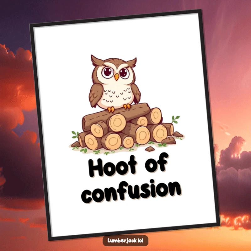 Funny digital art print of a curious owl perched on tiny logs, looking perplexed, a whimsical and humorous illustration.