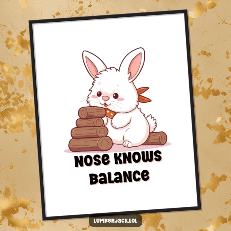 Funny digital art print of a fluffy rabbit with a bandana, humorously attempting to stack logs with its nose, a whimsical and comical illustration.
