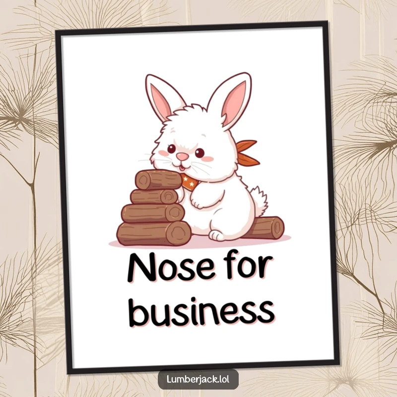Funny poster showcasing a fluffy rabbit with a bandana, humorously stacking small logs with its nose, a charming and comical woodland animal illustration.