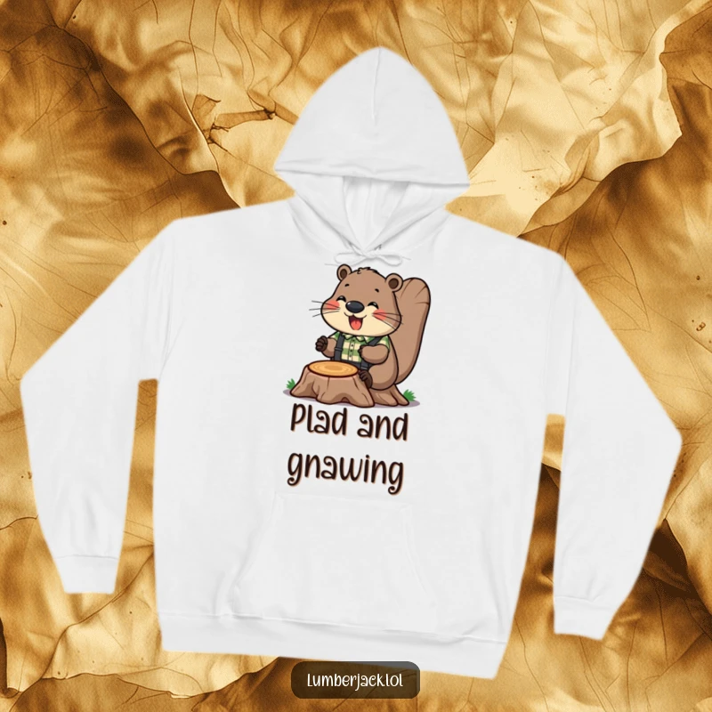 Funny hoodie featuring a cheerful beaver in a plaid shirt and suspenders, humorously gnawing on a tree stump. Cozy and cute.