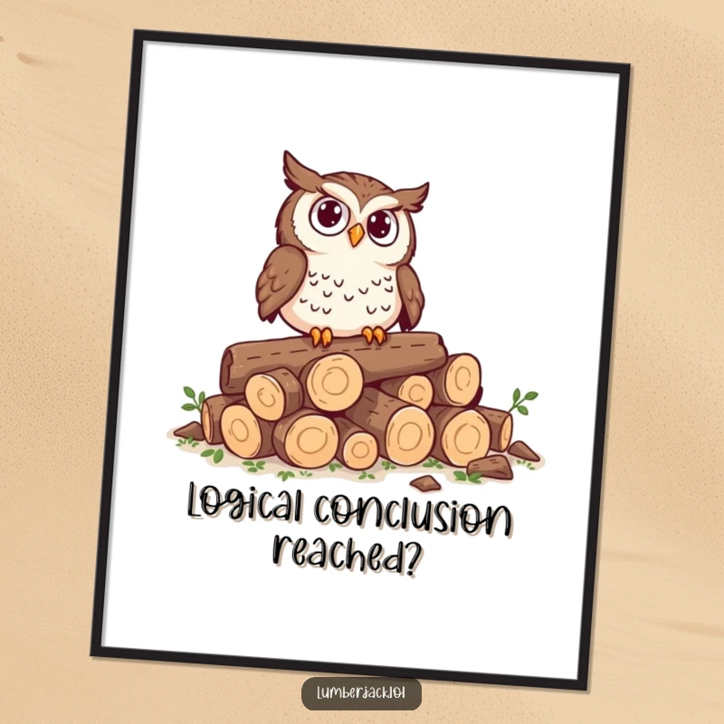 Funny Free Printable Wall Art: Curious owl perched on a pile of tiny logs, looking completely perplexed and confused.