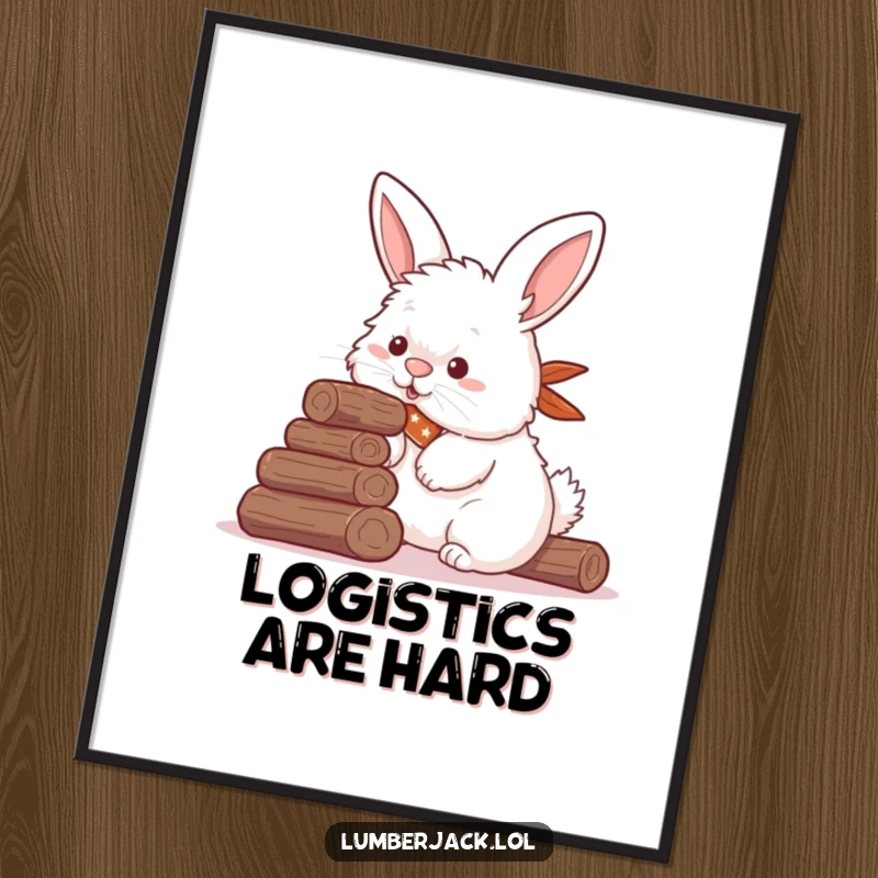 Funny Free Printable Wall Art: Fluffy rabbit in bandana, comically attempting to stack small logs with its nose.