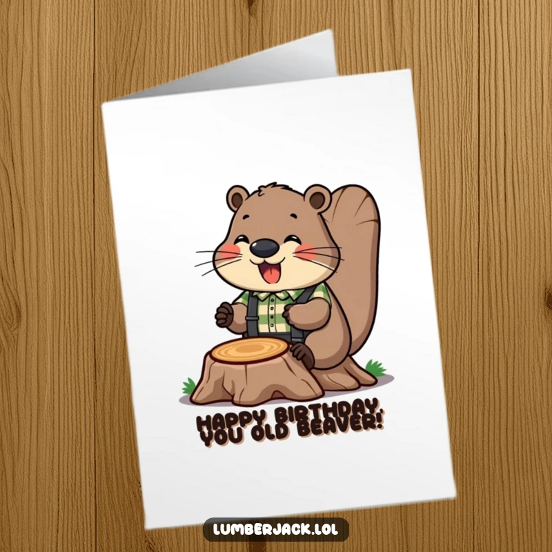 Funny Free Printable Birthday Card featuring a cheerful beaver in a plaid shirt and suspenders, hard at work building.