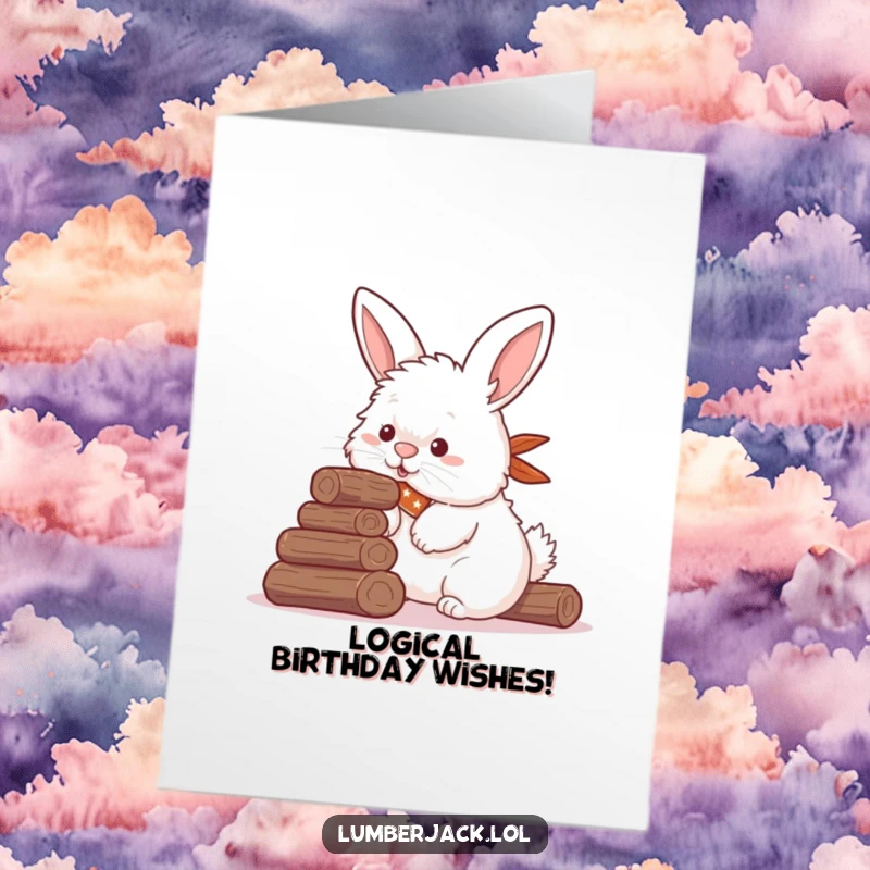 Funny Free Printable Birthday Card: Fluffy rabbit in bandana struggles to stack logs with nose, a unique DIY gift.