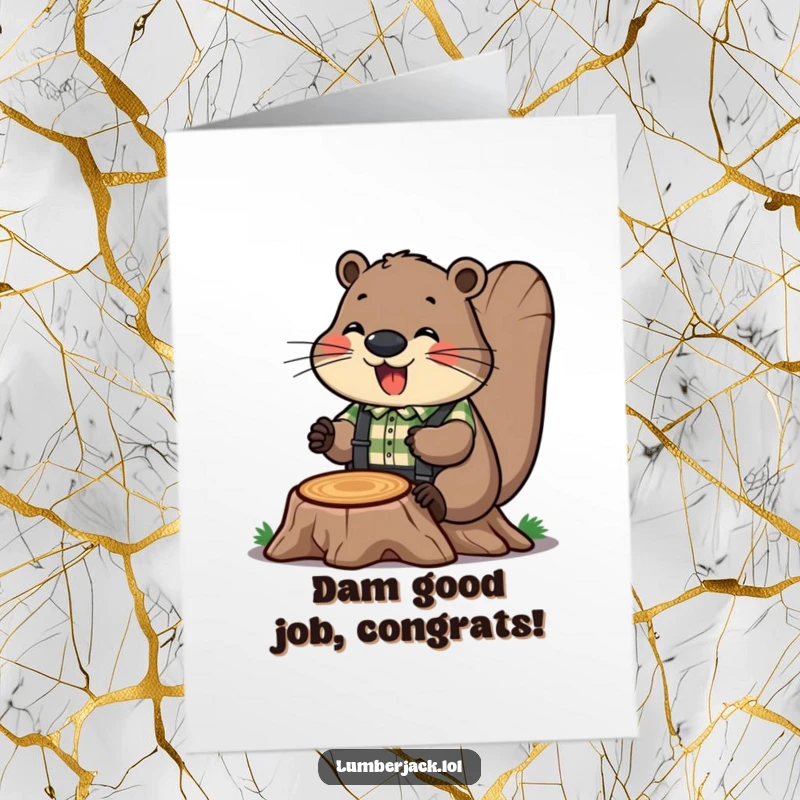 Funny Free Printable Congratulations Card with a happy beaver in suspenders celebrating accomplishments with DIY spirit.