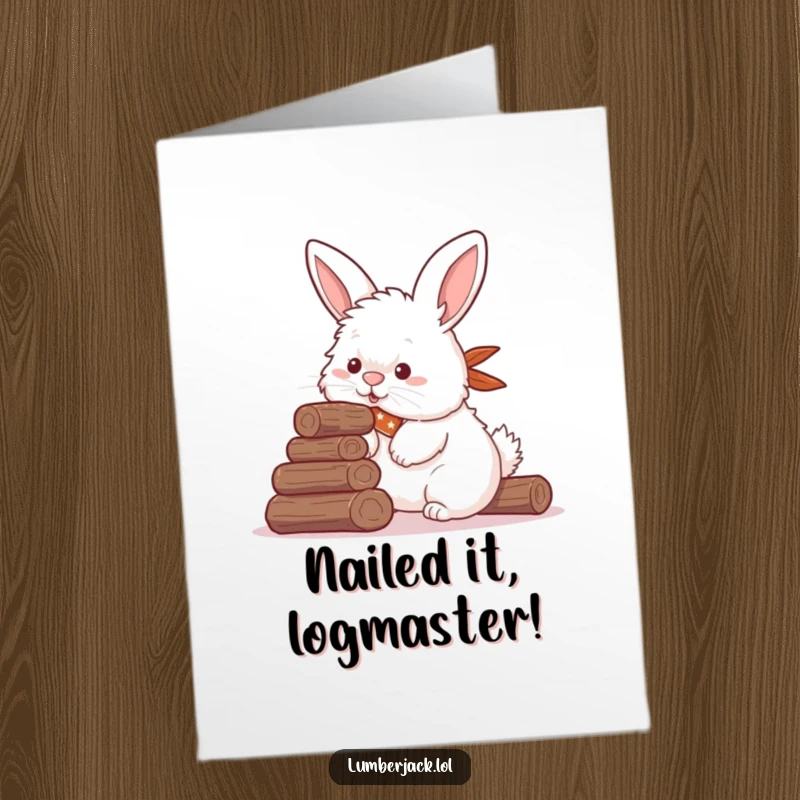 Funny Free Printable Congratulations Card: Rabbit wearing bandana tries to stack logs, a whimsical DIY gift.