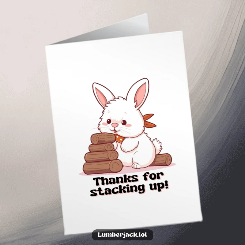 Funny Free Printable Thank You Card: Rabbit in bandana attempts to stack logs with nose, a cute DIY gift.