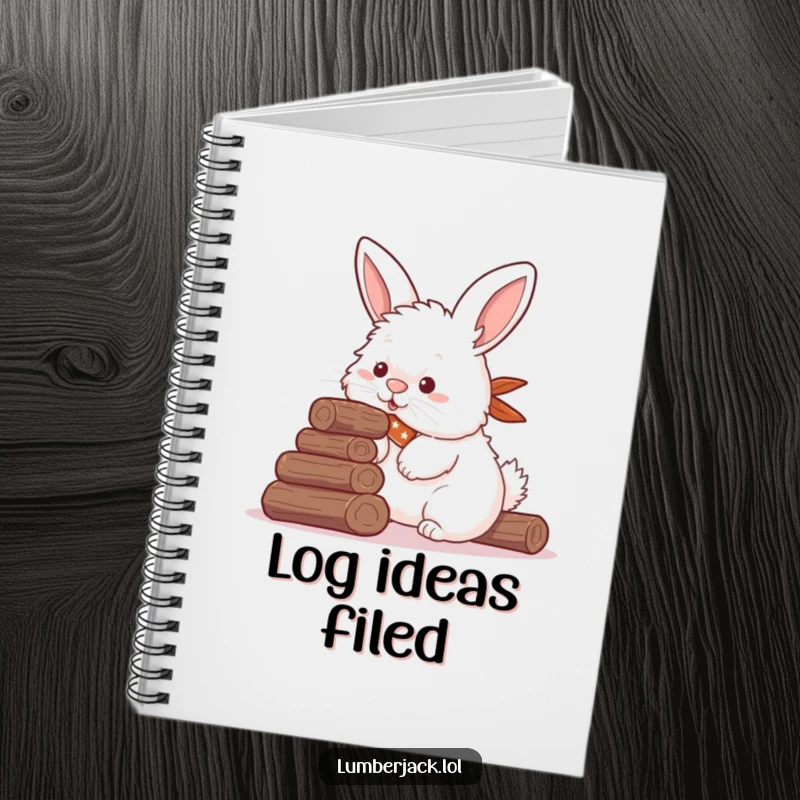 Funny notebook cover featuring a fluffy rabbit in a bandana humorously stacking small logs with its nose, a cute and comical stationery item.