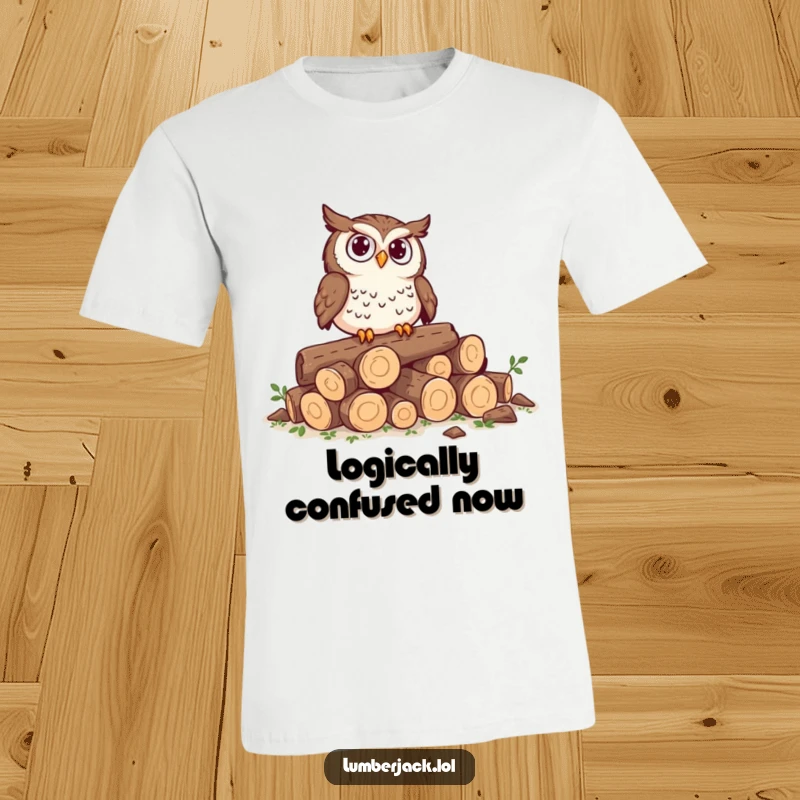 Funny t-shirt featuring a curious owl perched on a pile of tiny logs, looking completely perplexed, a humorous and charming animal design.