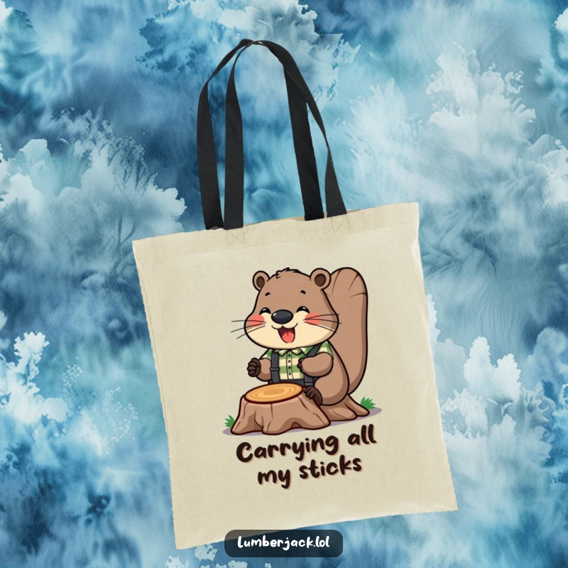 Funny tote bag depicting a cheerful beaver in a plaid shirt and suspenders, humorously working on a tree stump. A handy helper.