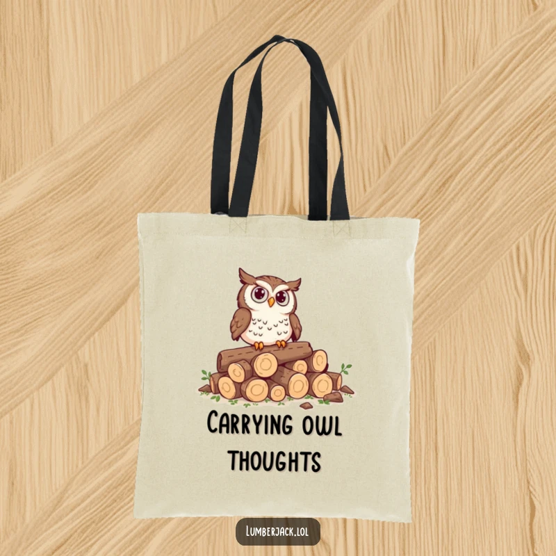 Funny tote bag with a curious owl perched on tiny logs, looking perplexed, a stylish and humorous woodland accessory.
