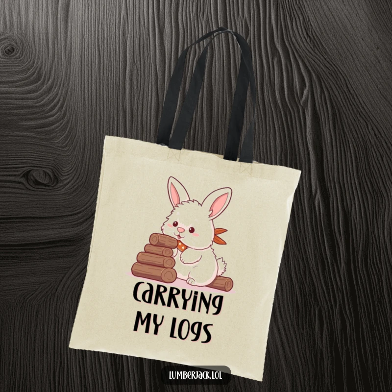 Funny tote bag with a fluffy rabbit in a bandana attempting to stack logs with its nose, a functional and humorous woodland scene.